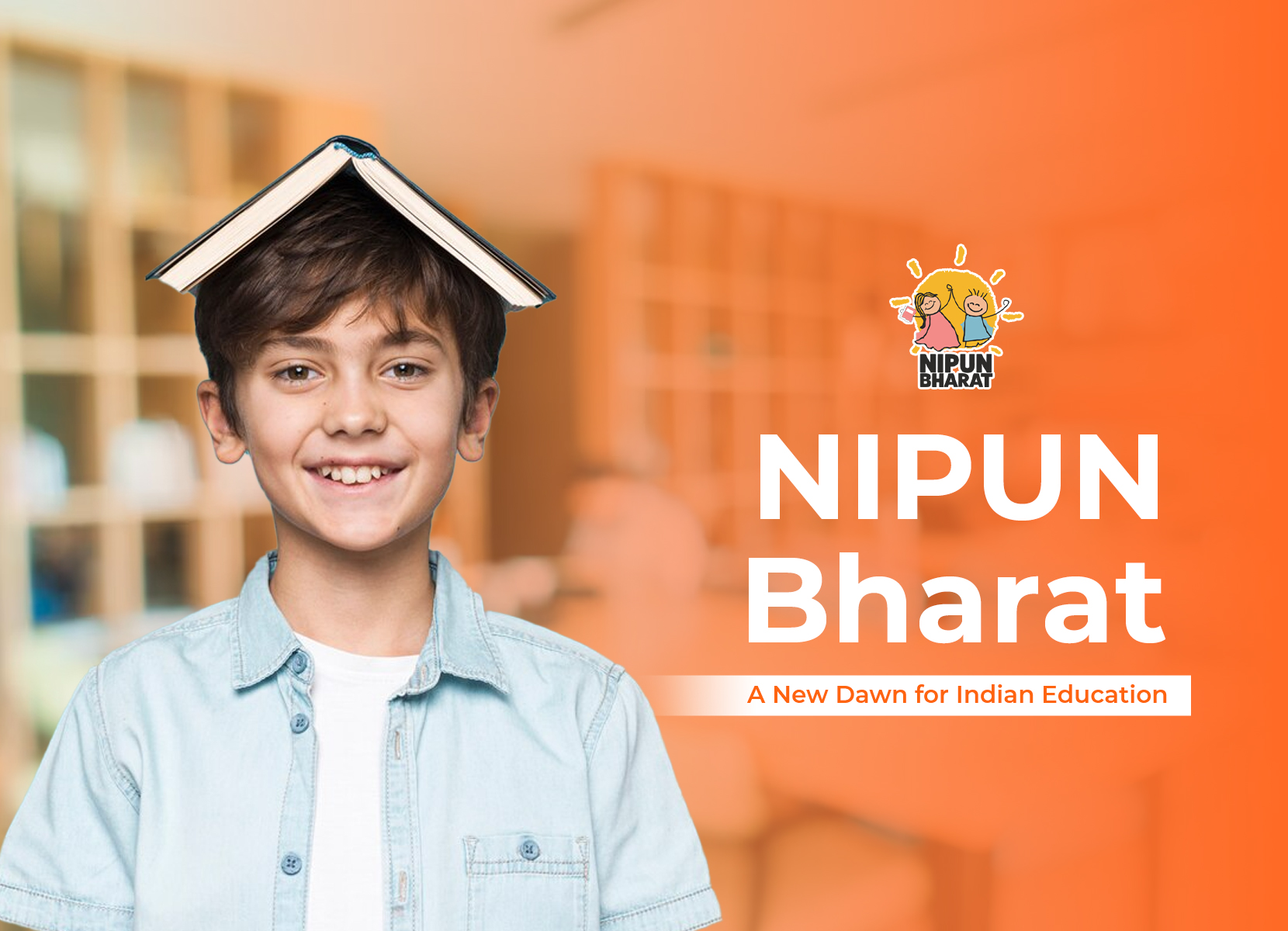 Happy child with book on his head and NIPUN Bharat logo